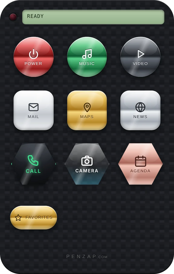 A Penzap remote with metallic buttons for music, maps, mail and more